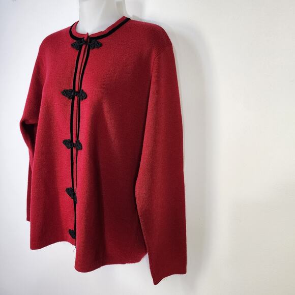 Talbots Cardigan Sweater Medium Red Black Velvet Trim Snap Toggle Merino Wool - Picture 5 of 9